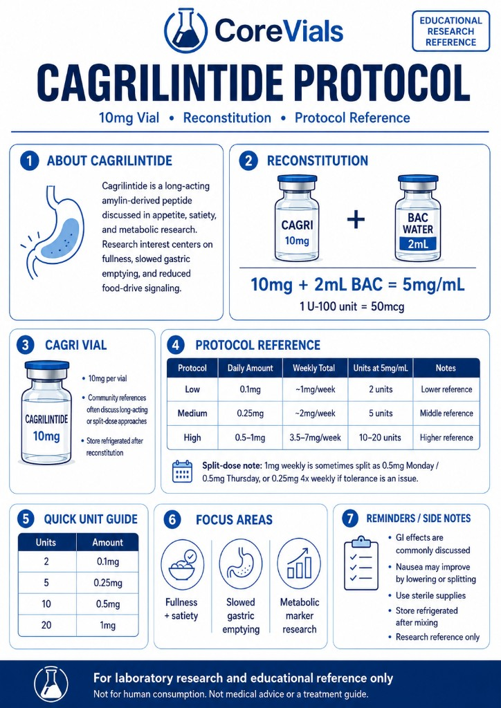 Cagrilintide protocol cheat sheet for 10 mg vial with 2 mL BAC reconstitution and unit reference