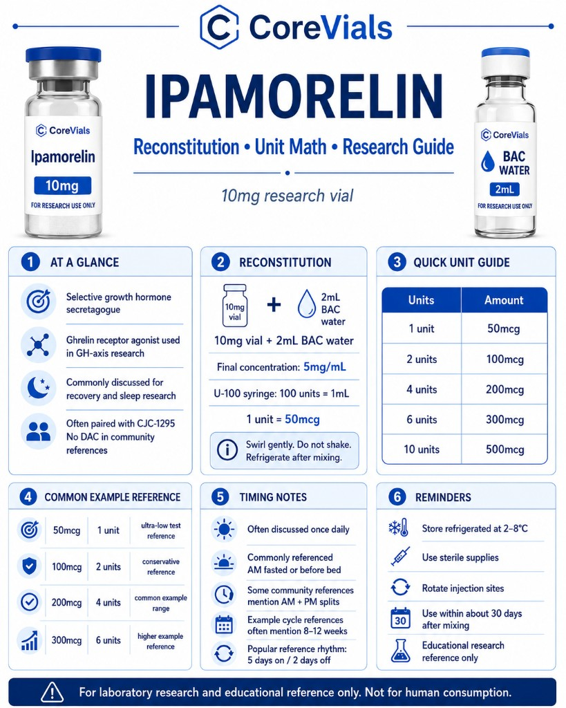 Ipamorelin reconstitution and unit math cheat sheet for 10 mg vial with 2 mL BAC water