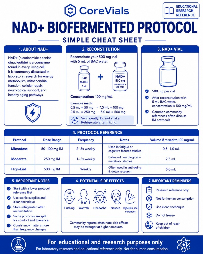NAD+ biofermented protocol cheat sheet with 500 mg vial, 5 mL BAC reconstitution, and volume reference