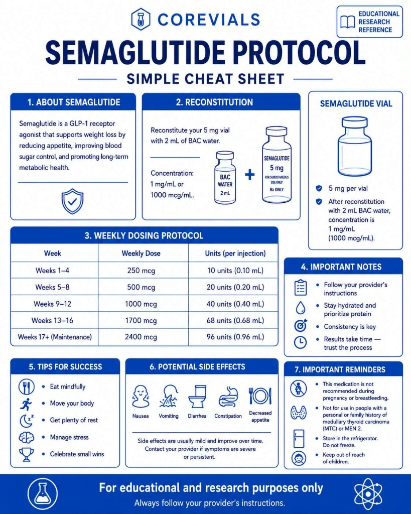 Semaglutide protocol simple cheat sheet with 2 mL reconstitution and weekly unit reference